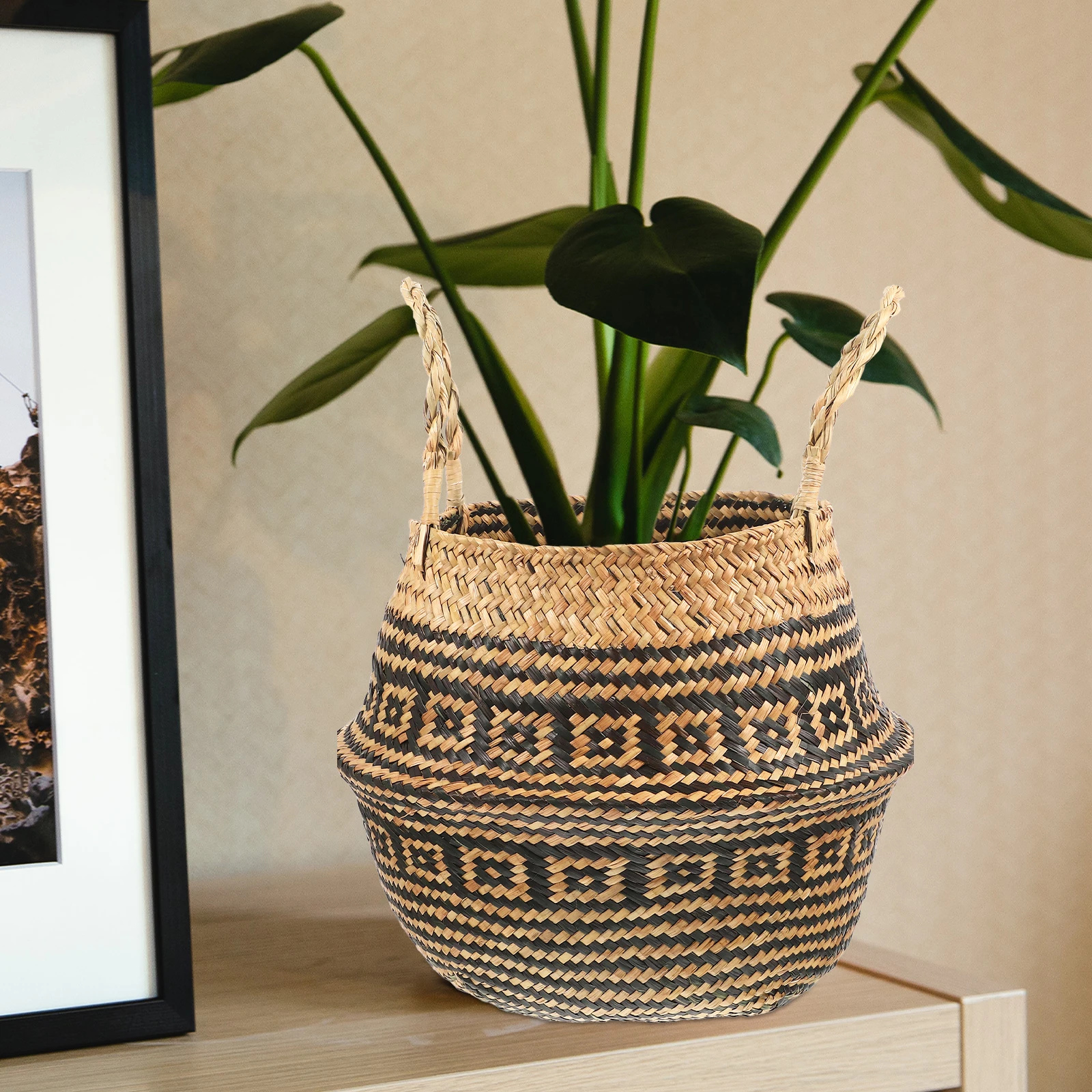 Plant Basket Woven Grass Belly Storage Basket for Flowers and Home Decor Indoor Round Planter Handled Multifunctional Natural