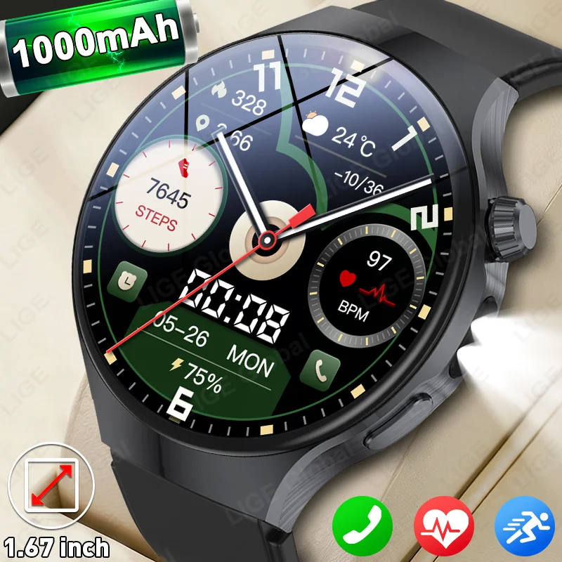 

LIGE New 1000mAh Smart Watch Men Outdoor Large Capacity Battery Flashlight Waterproof Sports Fitness Bluetooth Call Smartwatch