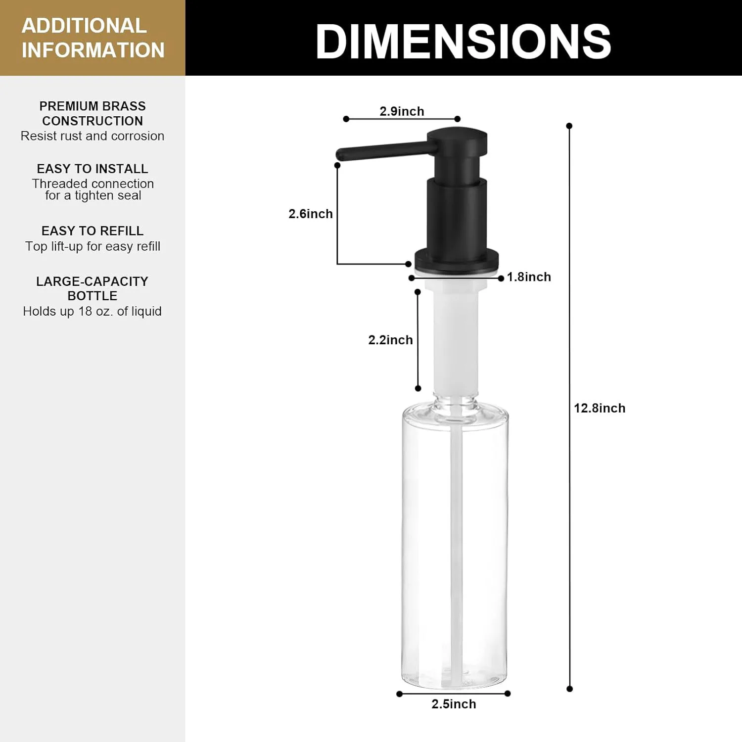 Modern Brass Built-in Soap Dispenser for Kitchen Sink – Refillable 17oz Bottle, Spot-Resistant Finish
