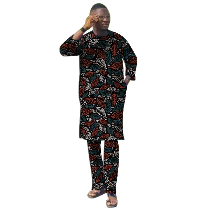 

Original Design African Print 3/4 Sleeves Men’s Set Long Shirt Patch Elastic Waist Pants Family Gift Traditional Party Outfits