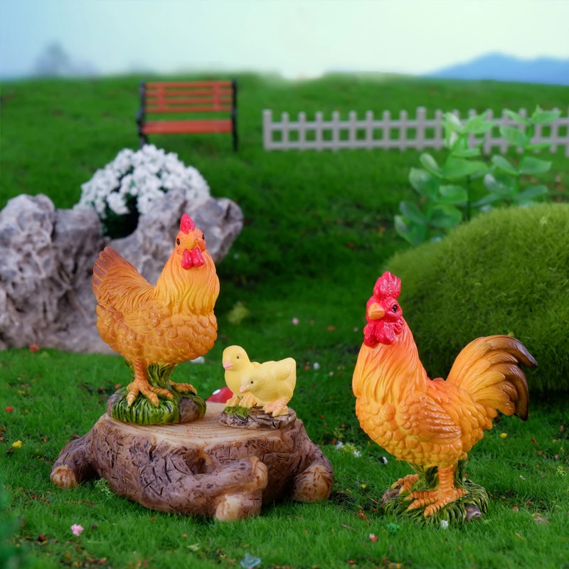 Rooster Chicken Figurines Farm Animal Model Home Decor Miniature Fairy Garden DIY Landscaping Cartoon Hen Chick Accessories