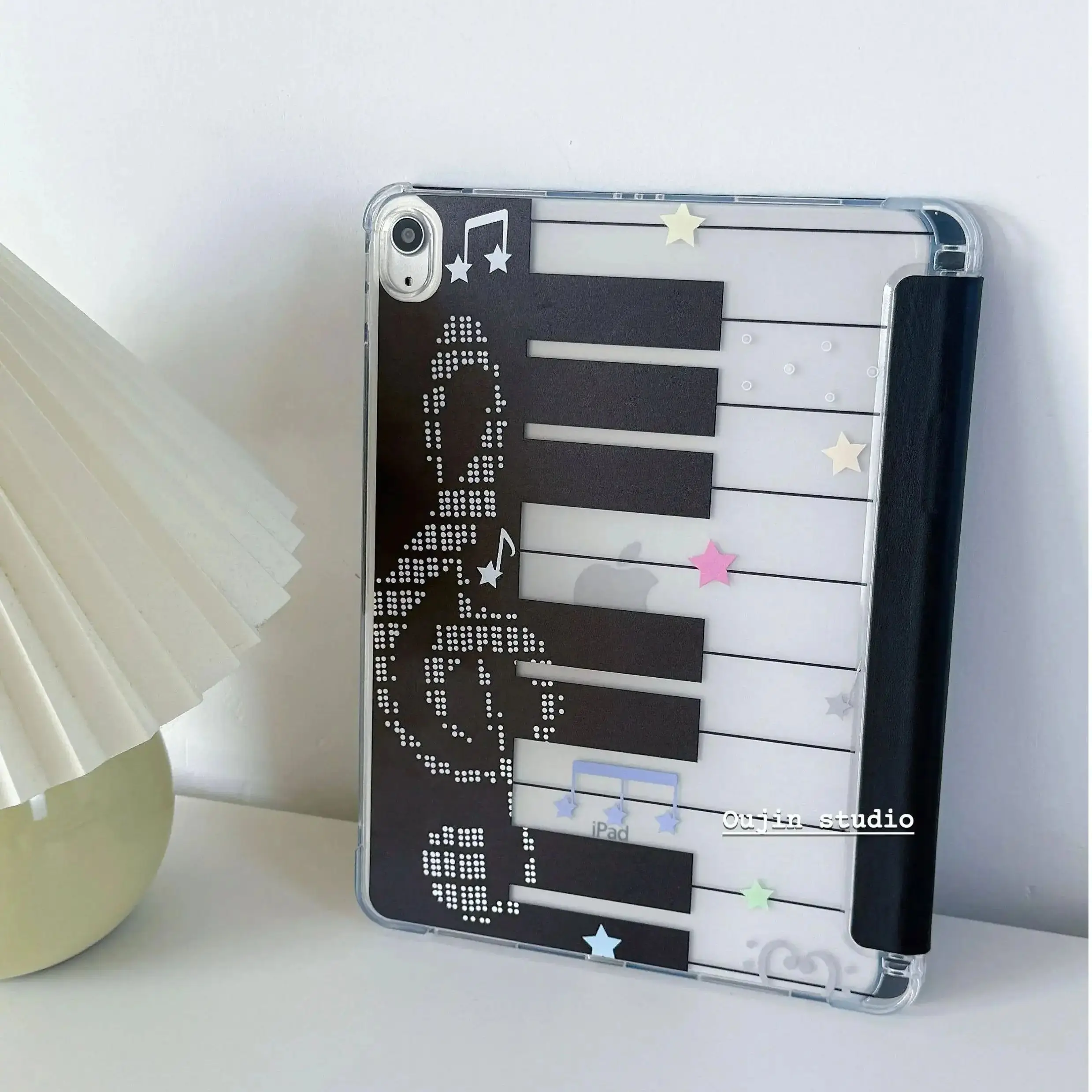 Korean Ins Style Minimalist Music Score For iPad Case 11/Air 7/10.2 French Piano Keys Design Y-Fold Clear Soft Shockproof Cover
