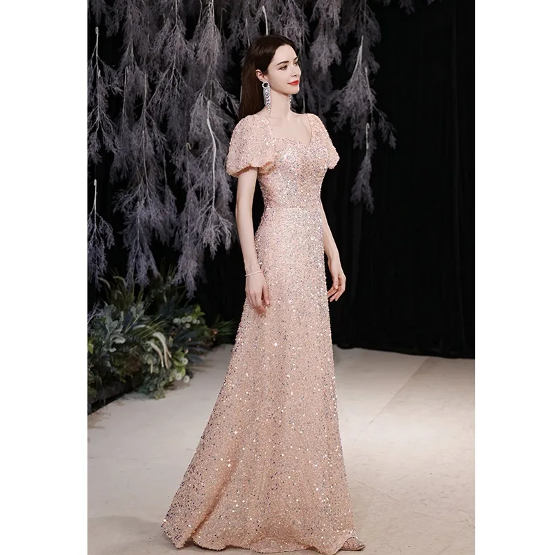 Evening dresses gala sequins Dinner dress Pink Princess Puff Sleeve Banquet dinner ball gown robe floral  L0370