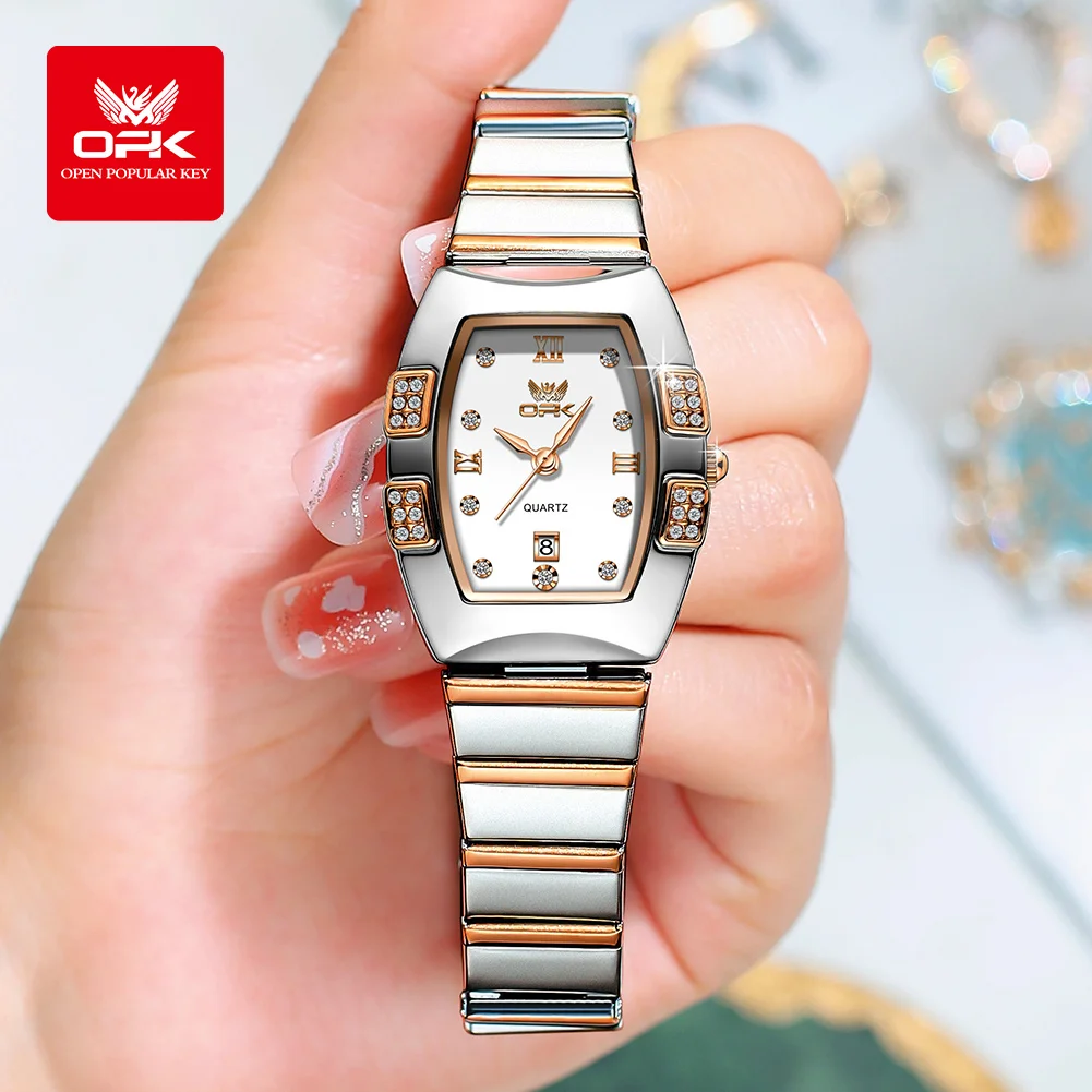 OPK Brand Women's Steel Strip Quartz Watch Calendar with Diamond Inlaid Night Light 8169