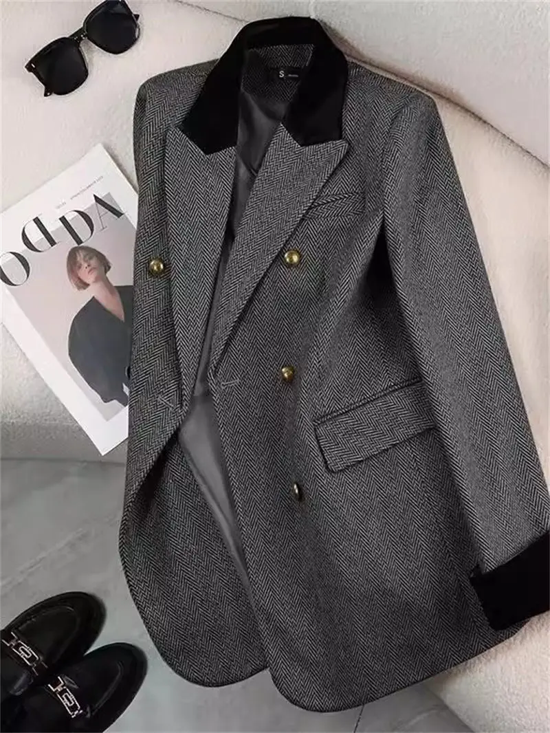 Women's 2025 New Korean Loose Blazer Herringbone Pattern Spliced Design Retro Spring Oversized Chic Office Casual Jacket ZT188