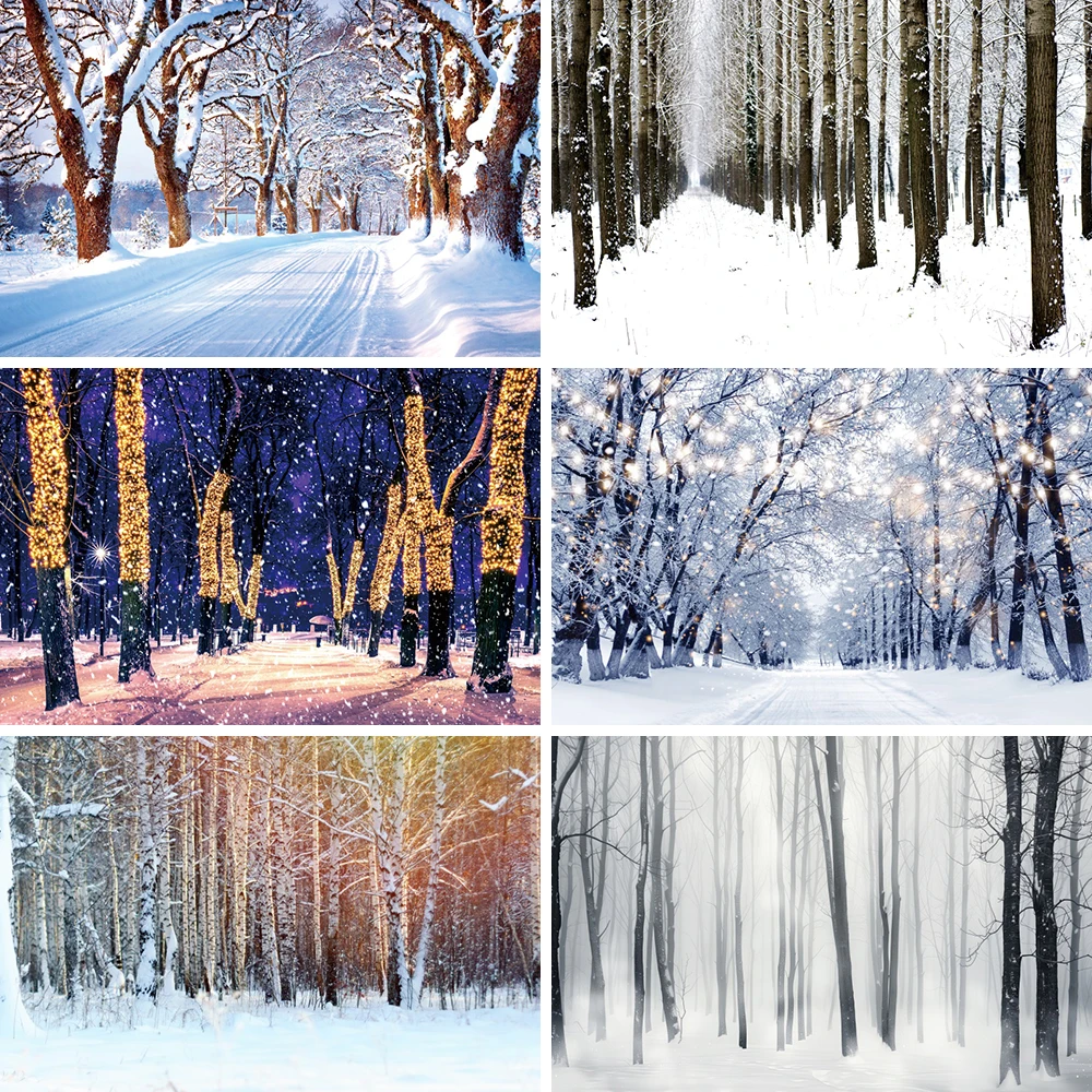 

Yeele Winter Snow Forest Road Background Snowy Nature Scenery Christmas Pine Tree Flash String Photo Backdrop Photo Studio Props