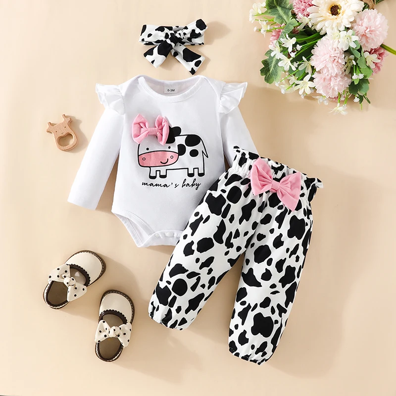 0-18 Months Newborn Baby Girl Clothes Outfits Cute Cow Letter Tops Long Sleeve Bodysuits Elastic Waist Trousers with Hairband