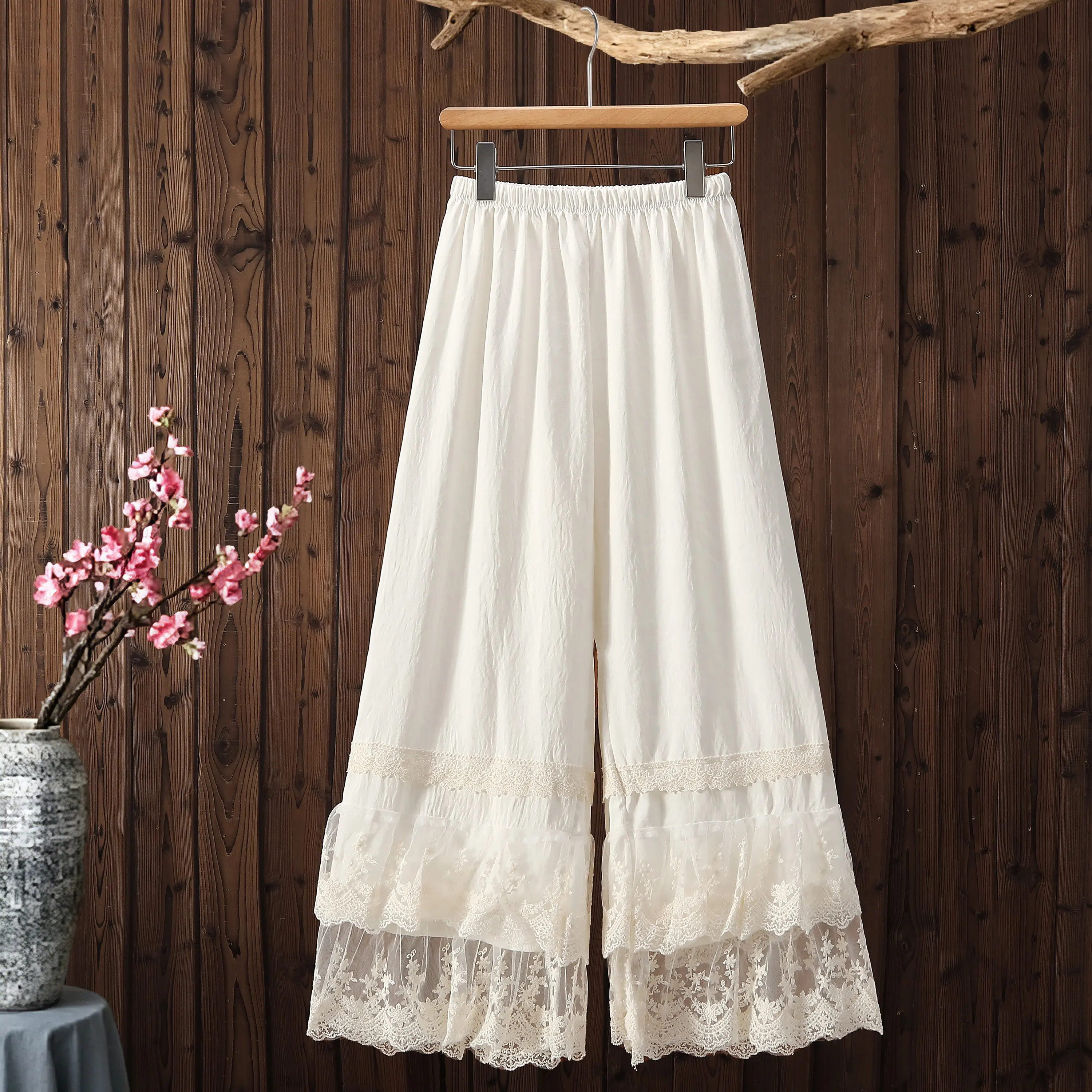 White Lace Trim Embroidered Net Wide Leg Pants Skirt Women's Hanfu  Anti-Light Long Trousers Layering Base Layer Pants
