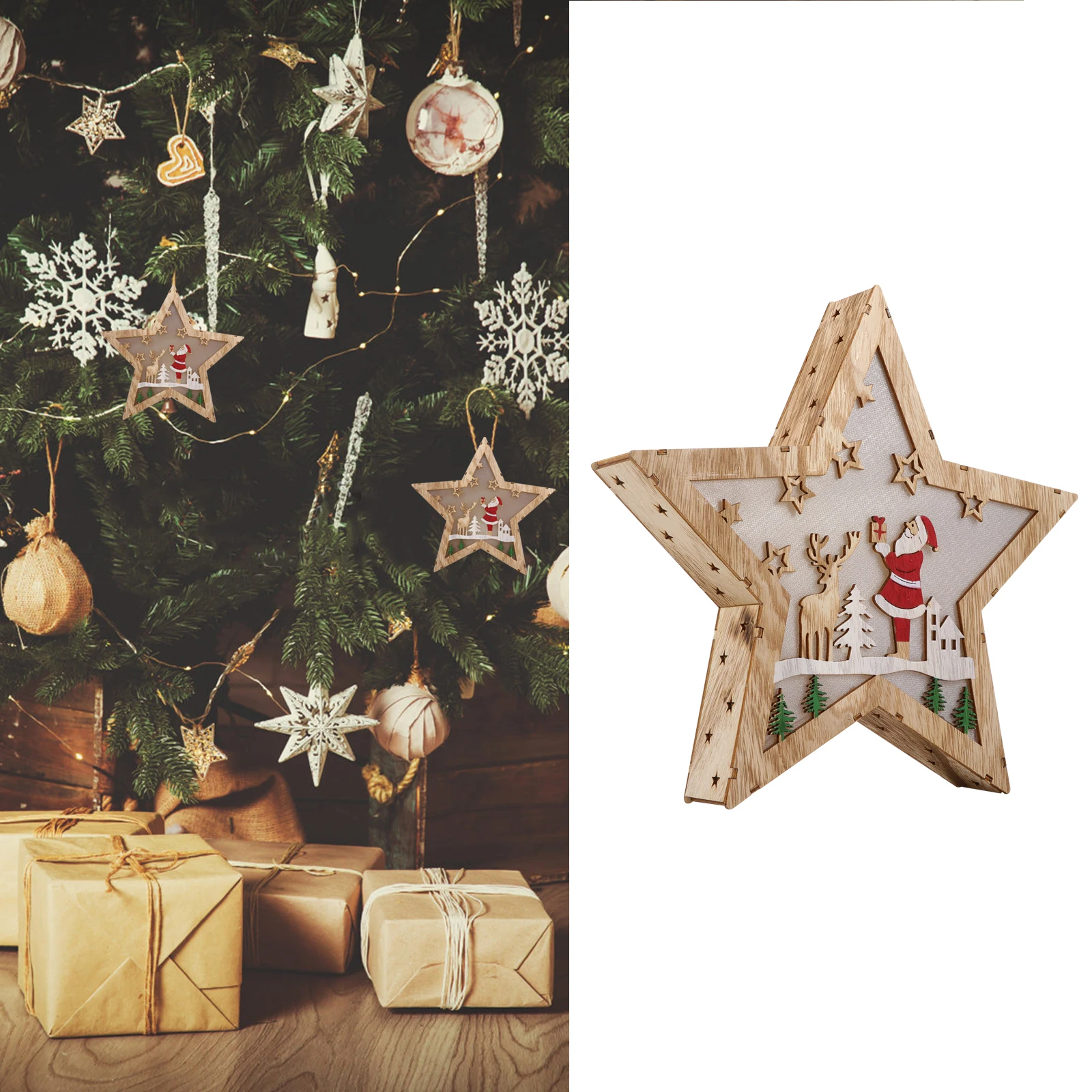 

Wooden Five Pointed Night Light Christmas Decorations Star Lights Home Bedroom Living Room LED Gift Cartoon Pattern