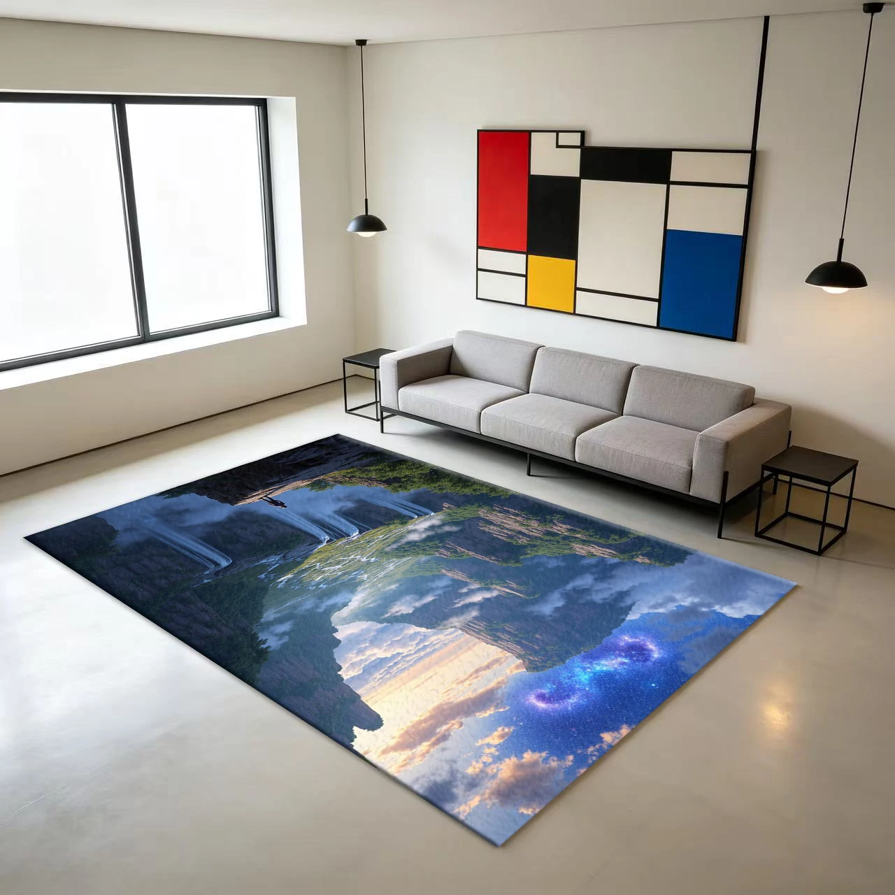 Mountain and River Waterfall, Galaxy, Starry Sky, Dreamy Landscape Carpet, Natural Scenery Printed Carpet, Non-Slip Floor Mat for Home Room Decoration