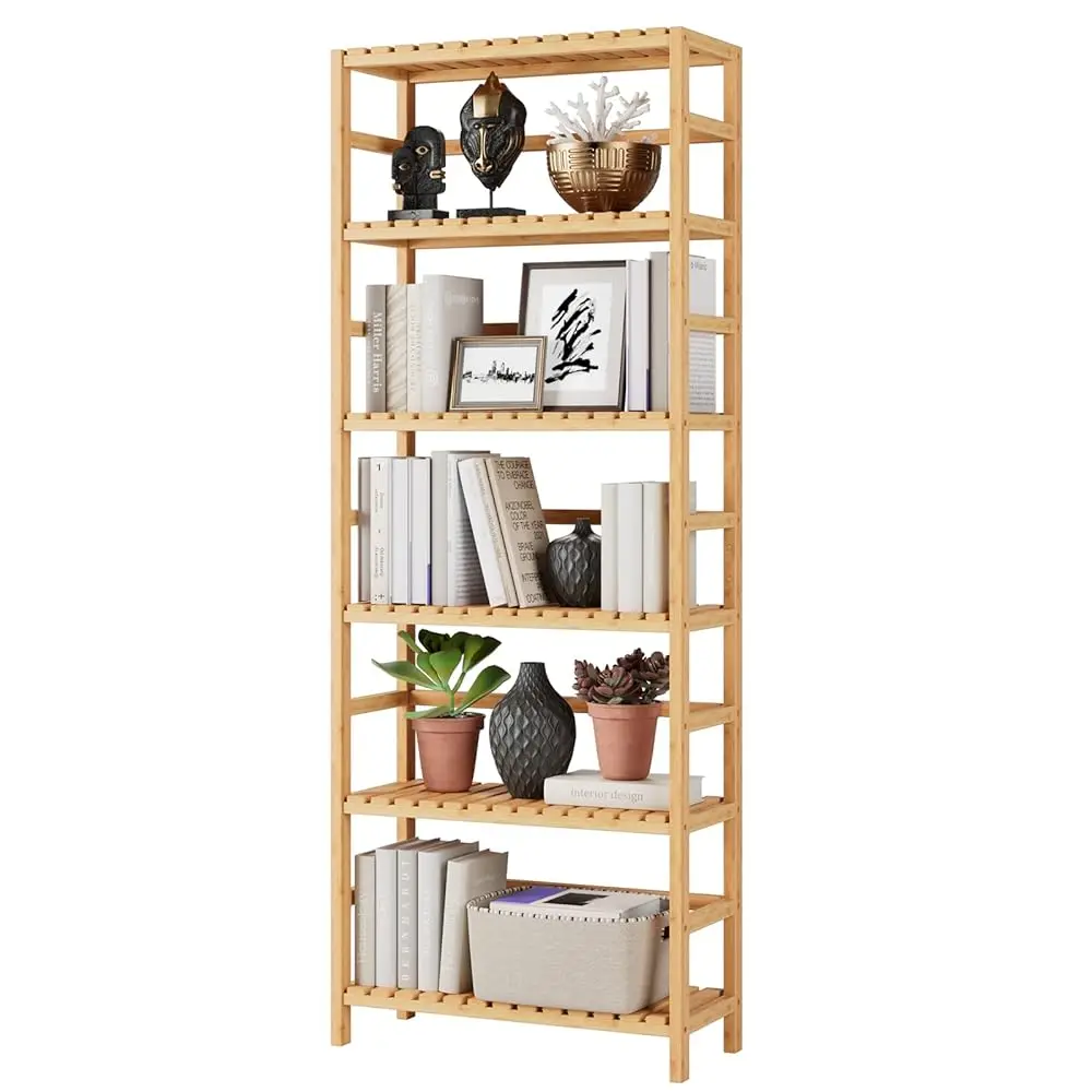 

Bamboo Shelf, 6 Tier Bookcase Storage Shelves, Tall Book Ra Shelving Unit, Multipurpose Storage Display Shelf Adjustable