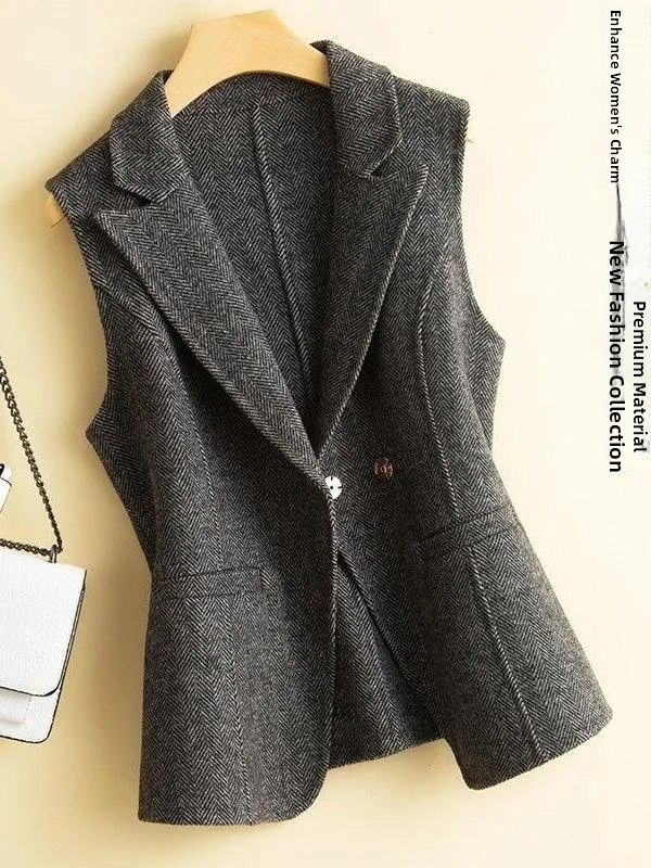

Women's ort Woolen Vest Autumn Winter Faion Outerwear Suit Collar Inner Match oulder Pad Regular Thin Warm Striped