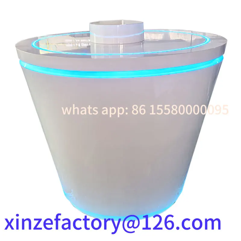 

Customizable Glossy Circular Tech Display Pod - LED Island Showcase with Interactive Experience