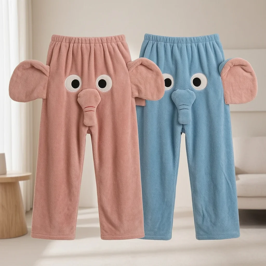 Pantalones de pijama de franela con diseño de elefante de dibujos animados, pantalones anchos y cómodos para dormir, ropa de dormir para mujeres, hombres, parejas, cosplay