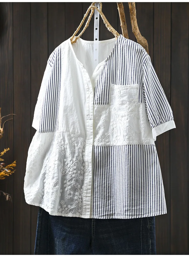 

Bust 106cm pure cotton lace embroider striped patchwork shirts and blouses for women summer original large size tops