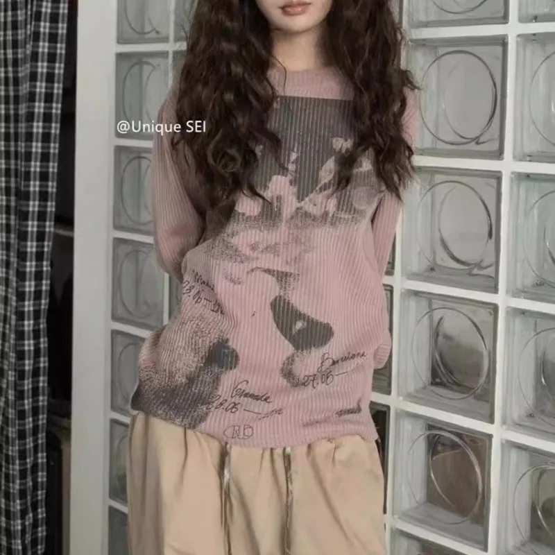 Streetwear Digital Printing Casual Threaded Long-sleeved T-shirt Women 2025 Autumn New Korean O-neck Loose All-match Tops