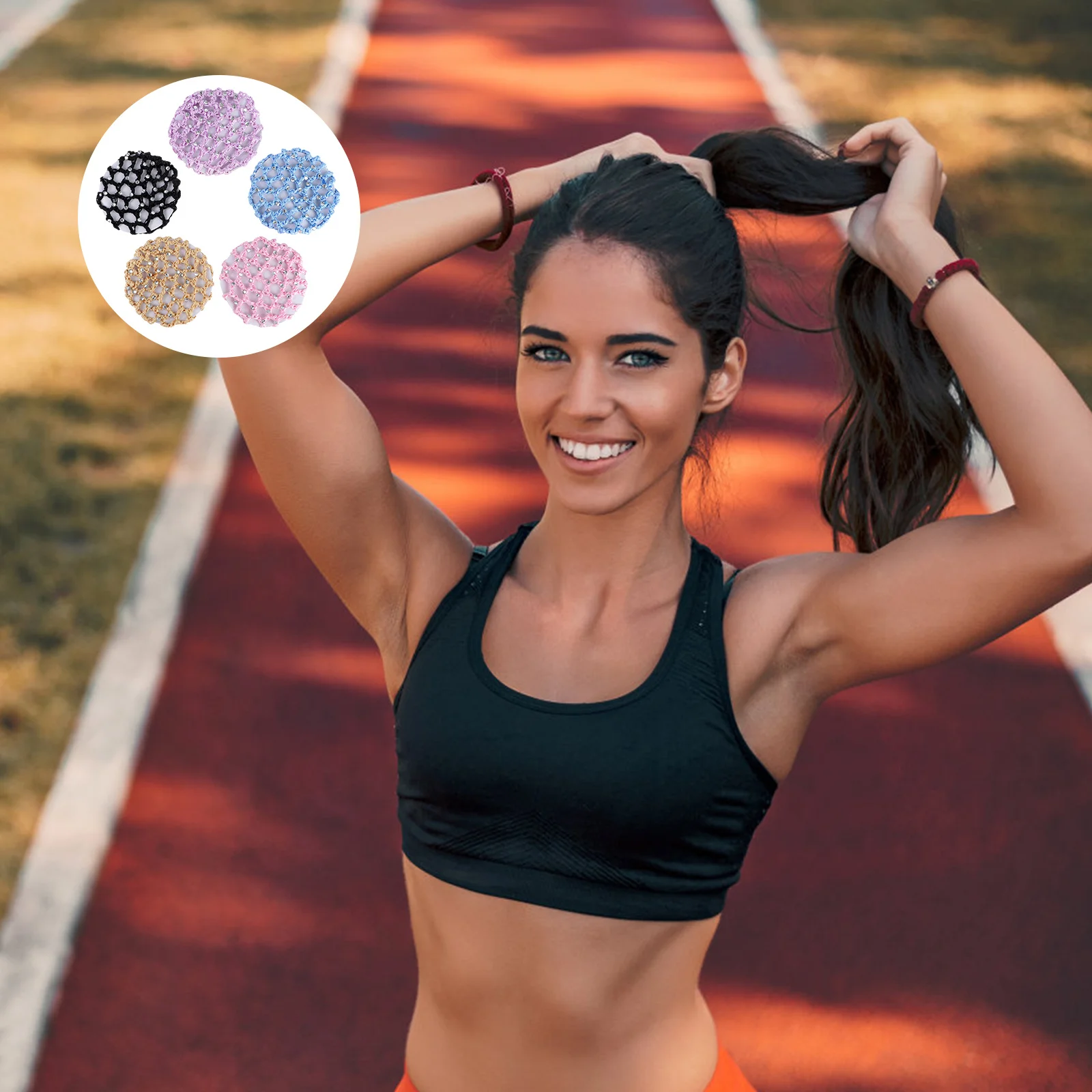 

5Pcs Elastic Hair Net Handmade Pearl Crochet Snood for Dance Performance Gymnastics Sports Hairnet Black Maize-Yellow Light