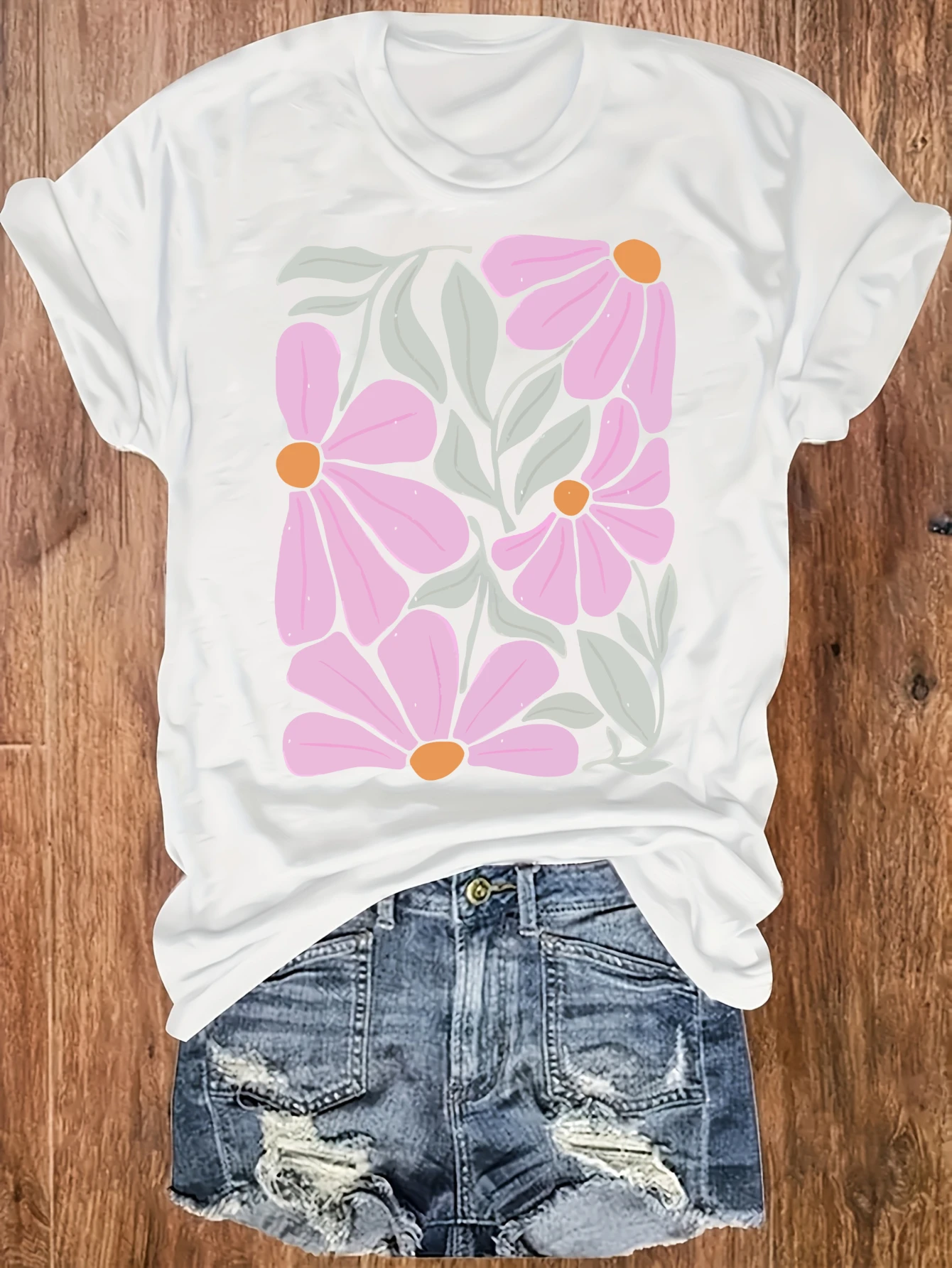 

women's plus size tank top Pink Flowers With Green Leaves Suitable for sports and daily wear summer casual shirt sleeveless