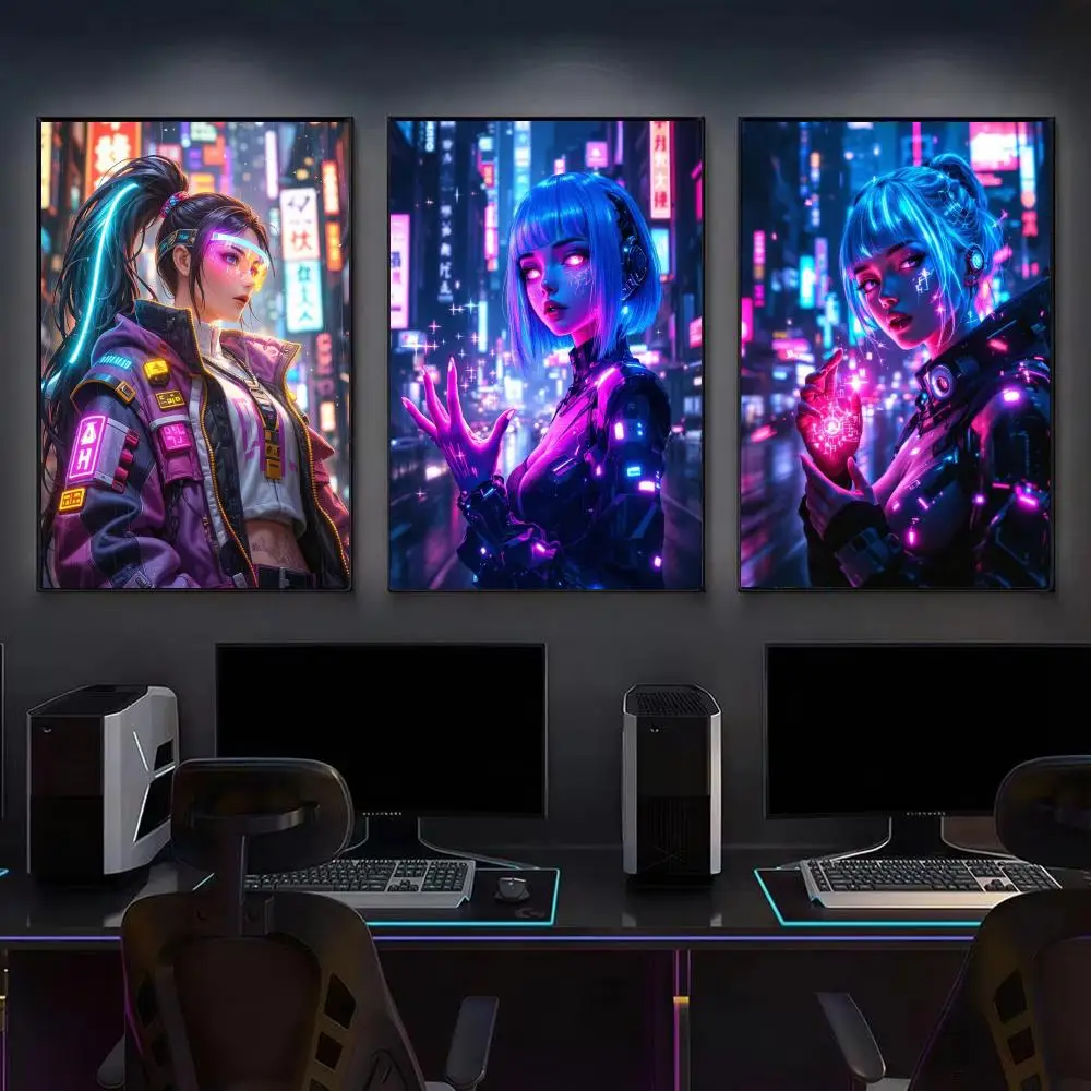 Neon Cyberpunk Girl Poster Modern Aesthetic Wall Art | Sleek Gaming Space Decor & Versatile Gift Ideas