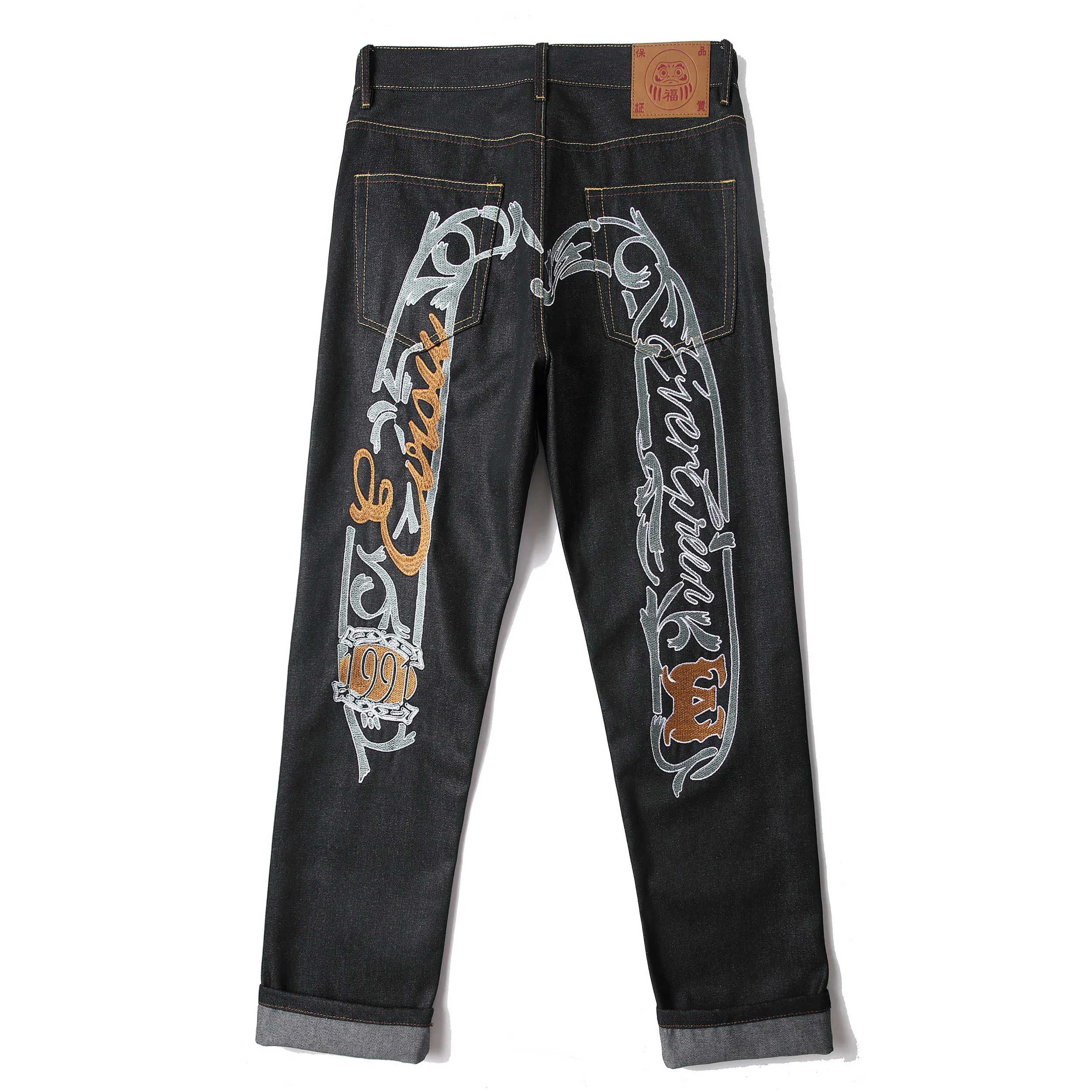 Men's Japanese Handmade Embroidered Cotton Jeans Straight Tube Slim Fit Hip-Hop Trousers Red Ear Detail Devil Big M Golden Text view 5