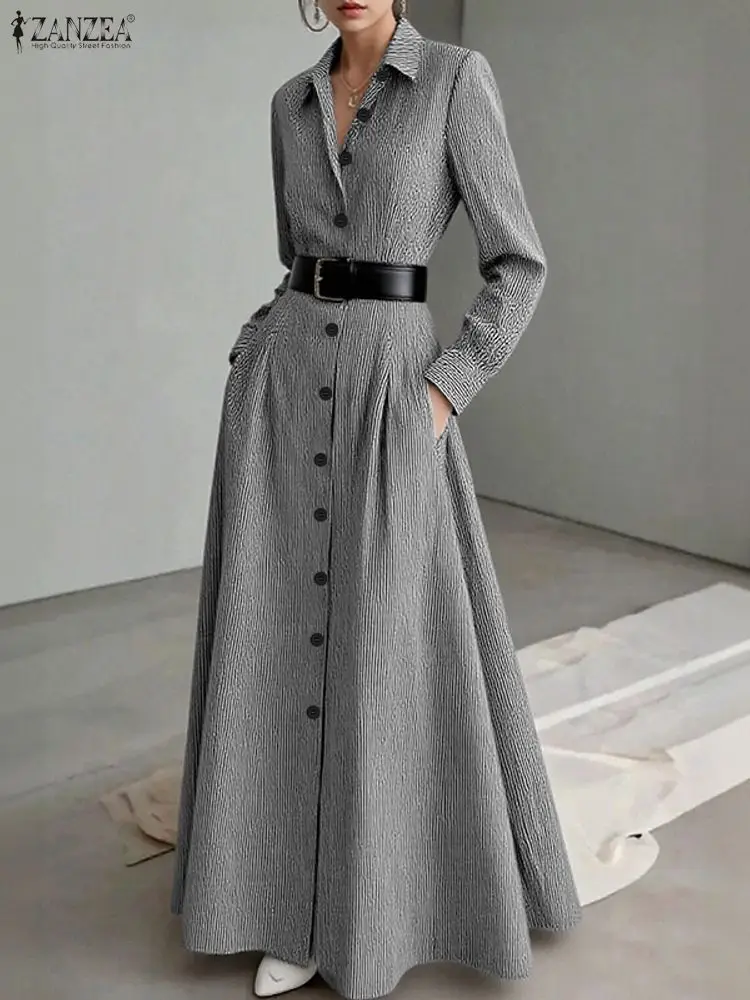 Modisches 2026 ZANZEA Büro-Hemdblusenkleid für Damen – Elegantes Langarmkleid mit Knöpfen, gestreiftes Sommerkleid, tailliertes A-Linien-Kleid