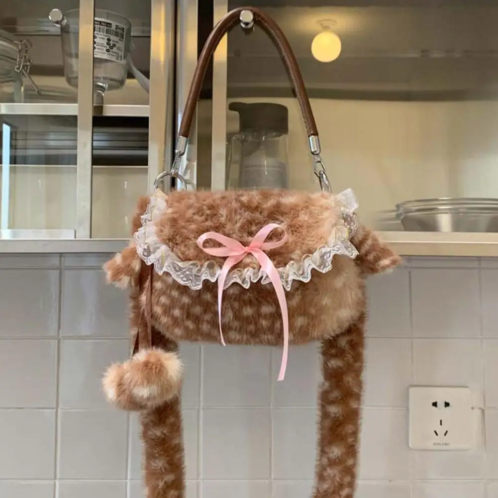 Lolita Plush Handbag Cute Lace & Bow Decor Faux Fur Shoulder Bag Vintage Brown Top-handle Bag Spotted Deer Pattern Underarm Bag view 5