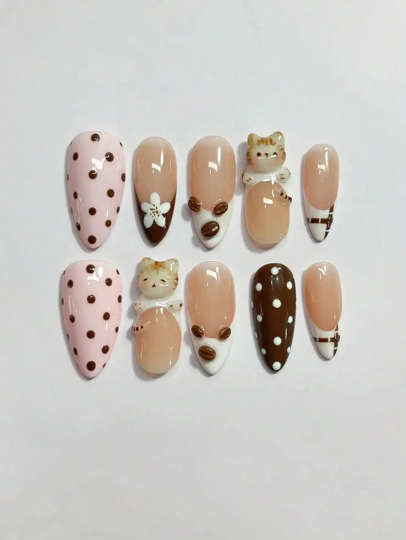 

10pcs 3D Cat & Coffee Bean Nail Stickers, Cute Handmade Gel False Nails in Medium Almond Shape. Includes Jelly Gel. Great Valentine's Day Gift. Nail Supplies.