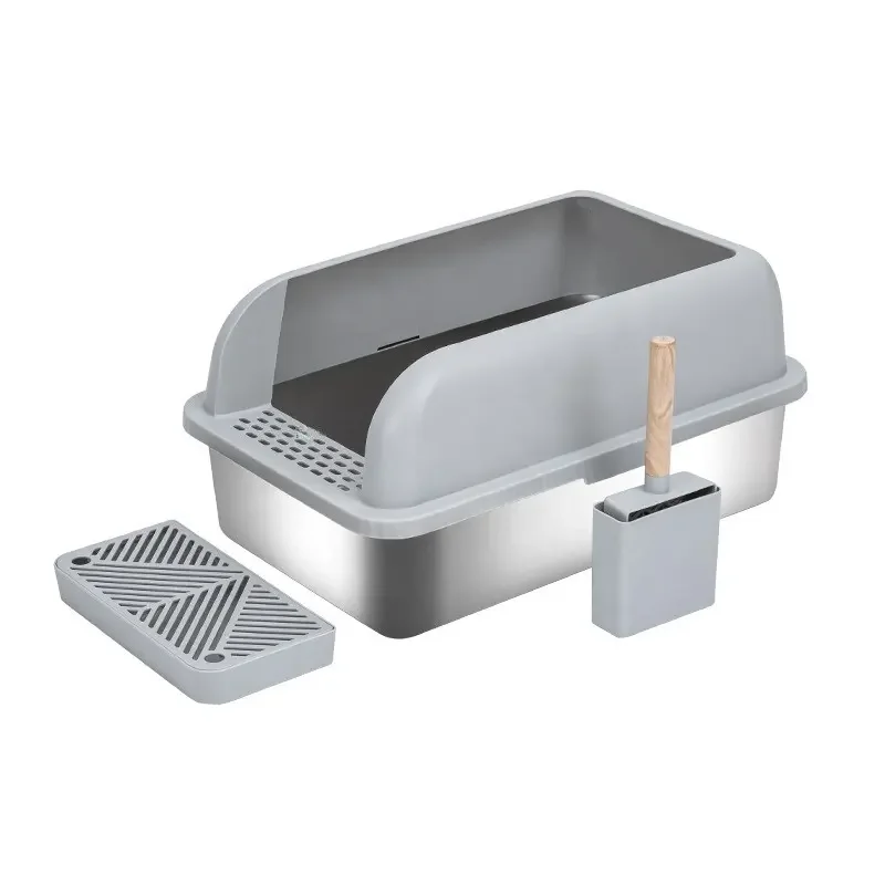 Stainless Steel Cat Litter Box With High Lid And Footboard  Scoop Cat Litter Big Box Semi-Automatic Quick Cleaning