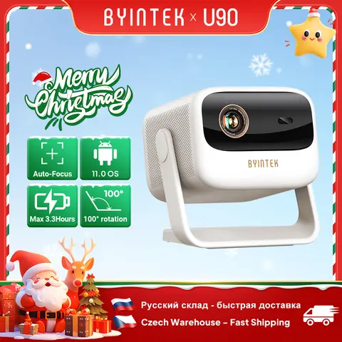 BYINTEK U90 Projector 4K Full HD1080P Cinema Android 11.0 WiFi Mini Portable 1080P Home Theater Video DLP Projector with Battery