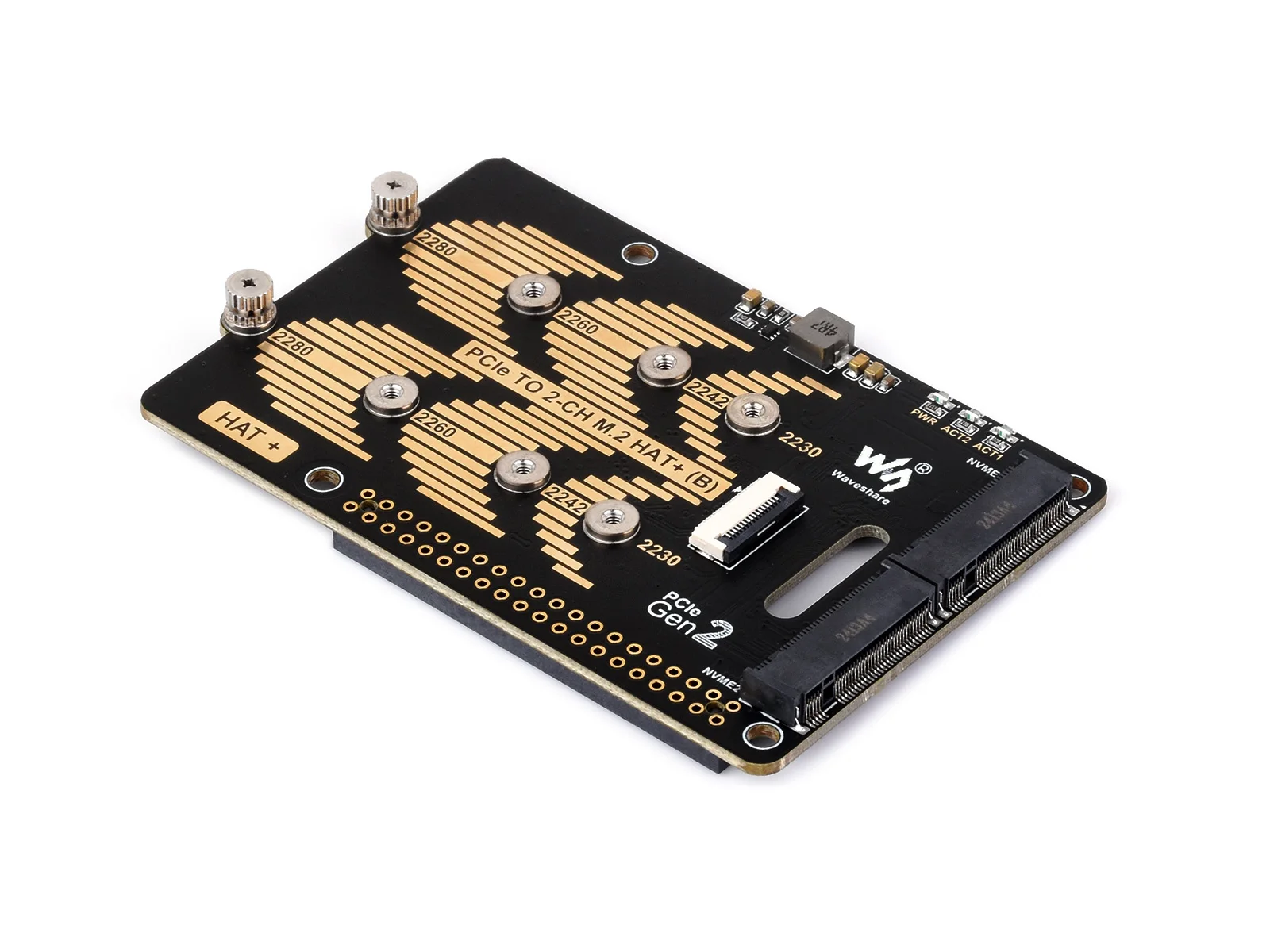 Adaptateur Waveshare PCIe vers 2-Ch M.2 Type B pour Raspberry Pi 5, Compatible avec le Protocole NVMe M.2 SSD, Raspberry Pi 5 NVMe HAT