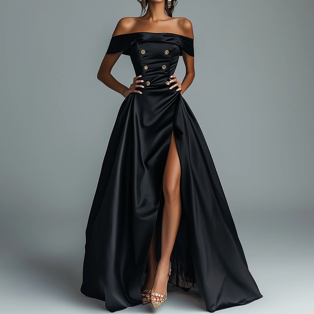 ชุดราตรีผ้าซาตินหรูหราแบบเปิดไหล่ ประดับหัวเข็มขัดทองคำสุดหรู ดีไซน์เอวสูง ชายกระโปรงผ่าข้าง ชุดเดรสยาวสำหรับงานพรอม