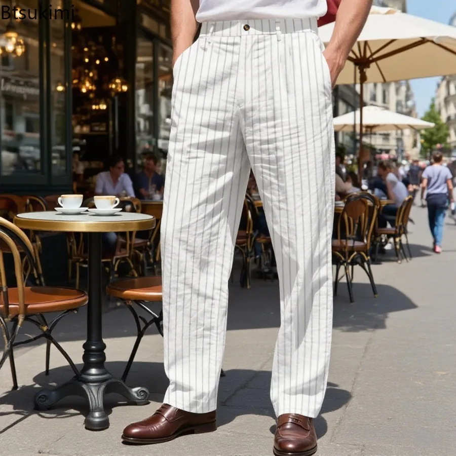 2025 Men's Fashion Striped Hot Pants Simple Loose Classic Linen Ankle Pants Spring and Autumn Casual Beach Sports Pants for Men