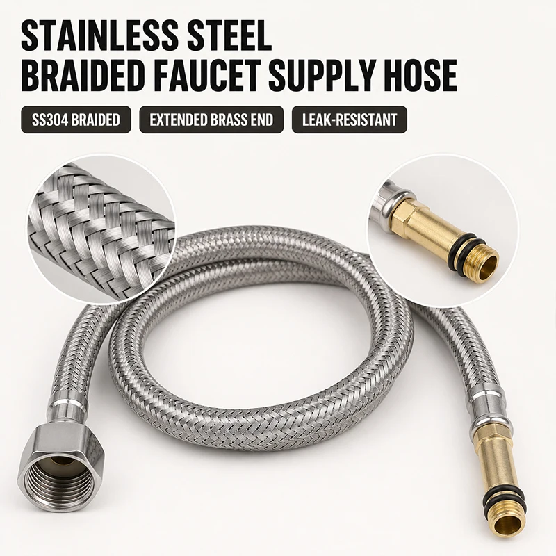304 Stainless Steel Braided Anti-Burst Water Inlet Hose Hot/Cold Pointed Tip Faucet Connector for Sink Basin,  Universal Hose