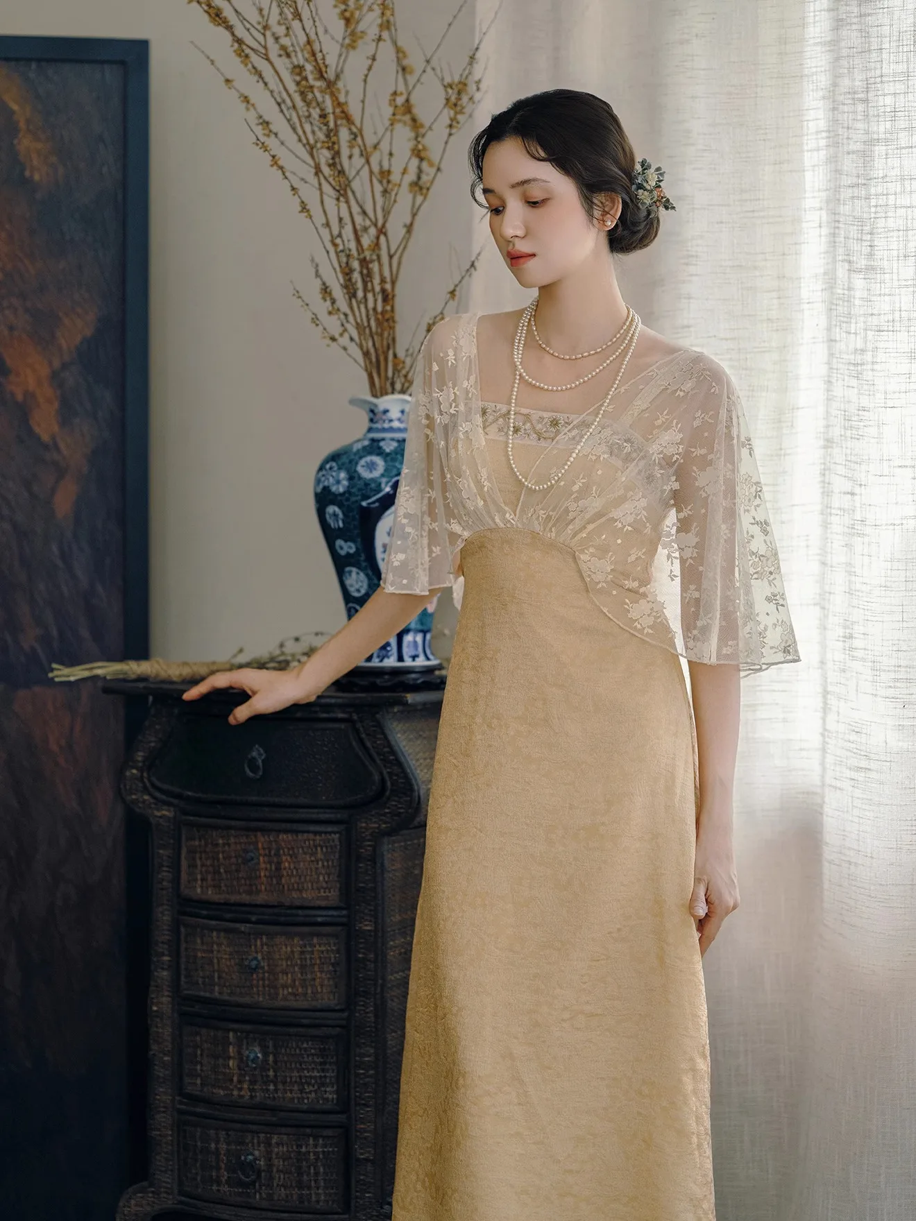 84-96cm Summer Evening Dresses For Women Vintage Downton Abbey Elegant Slim Embroidery Lace Jacquard Birthday Party Long Dress