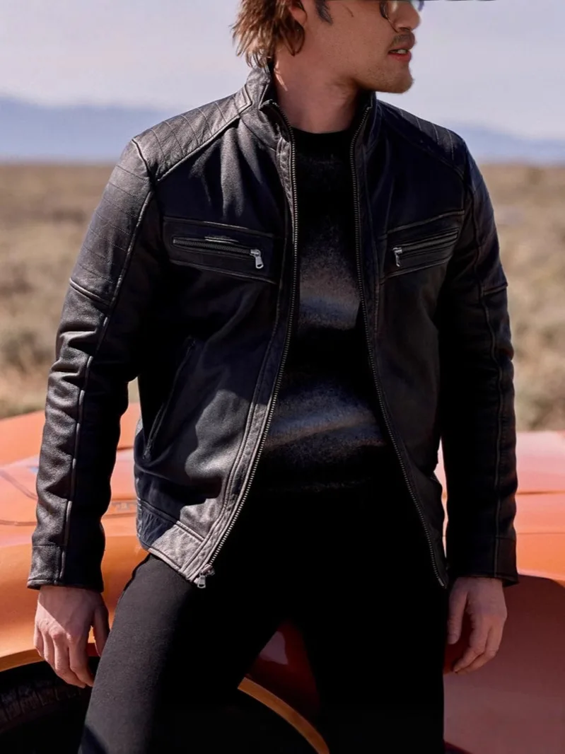 Pu Leather Motorcycle Jacket Zipper Pockets Stand Collar Motorcycle Biker Tops For Men