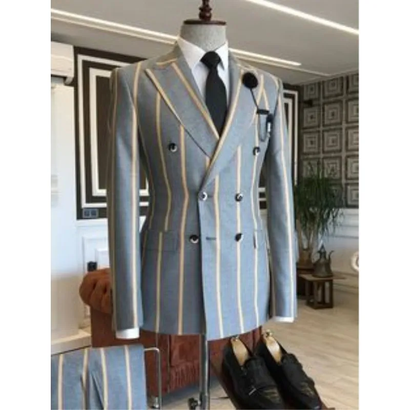 New Wide Stripe Men Suits Peaked Lapel Custom Made Slim Fit Tuxedo Blazer Prom Wedding Dress 2 Pcs Jacket+Pants