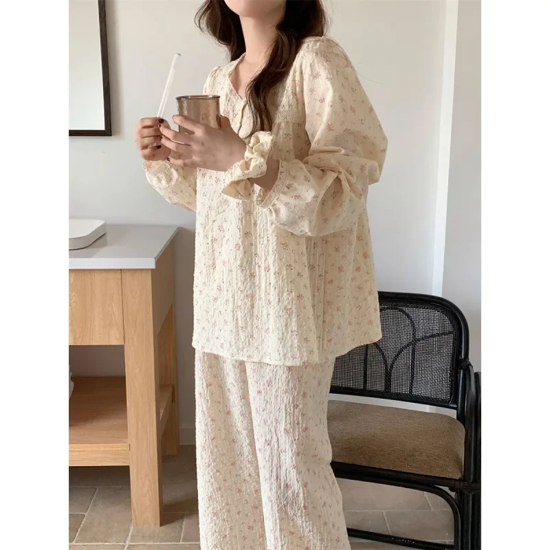 Women Summer Pajamas Set Female Sweet Long Sleeve Top Pants Countryside Style Floral Nightdress Home and Outdoor Sleepwear Set