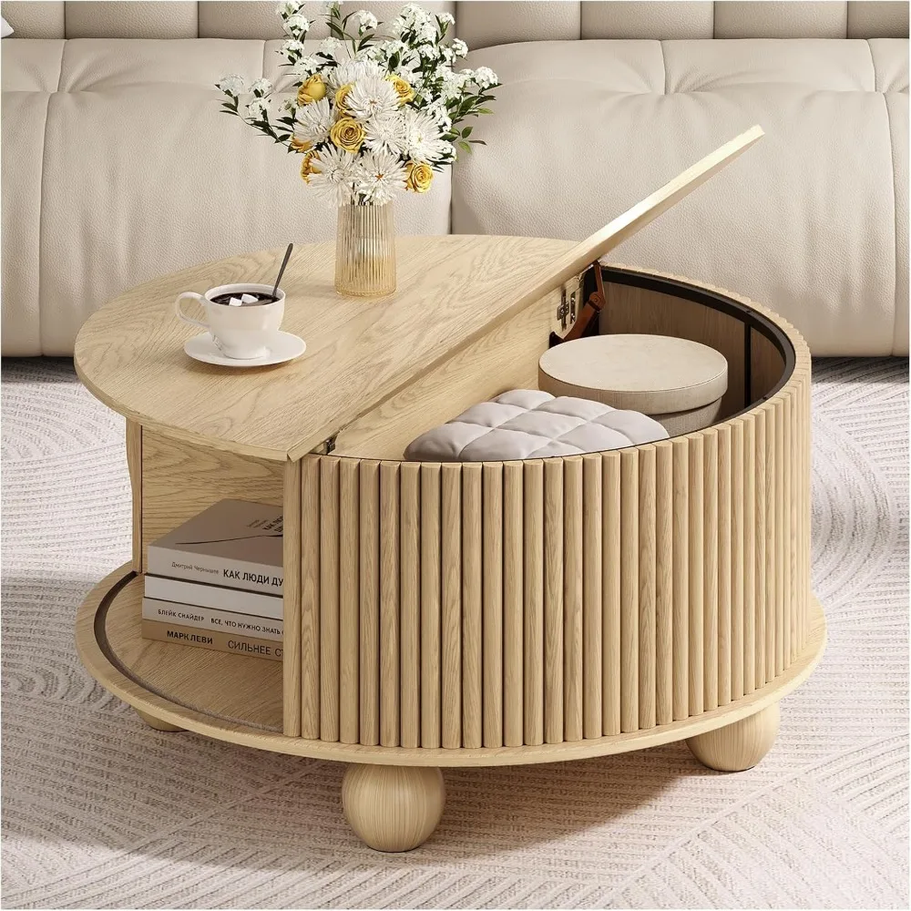 Mid-Century Modern Round Coffee Table with Storage and Bun Feet for Living Room