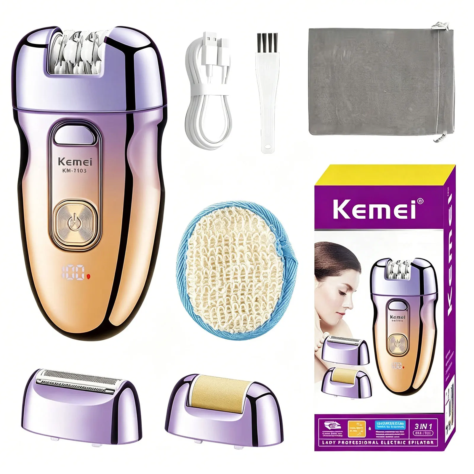 KEMEI 3-in-1 Electric Epilator for Women, Cordless Ladies Shaver & Bikini Trimmer, Rechargeable Hair Removal Device with LCD Display and Callus Remover Foot File (KM-7103)