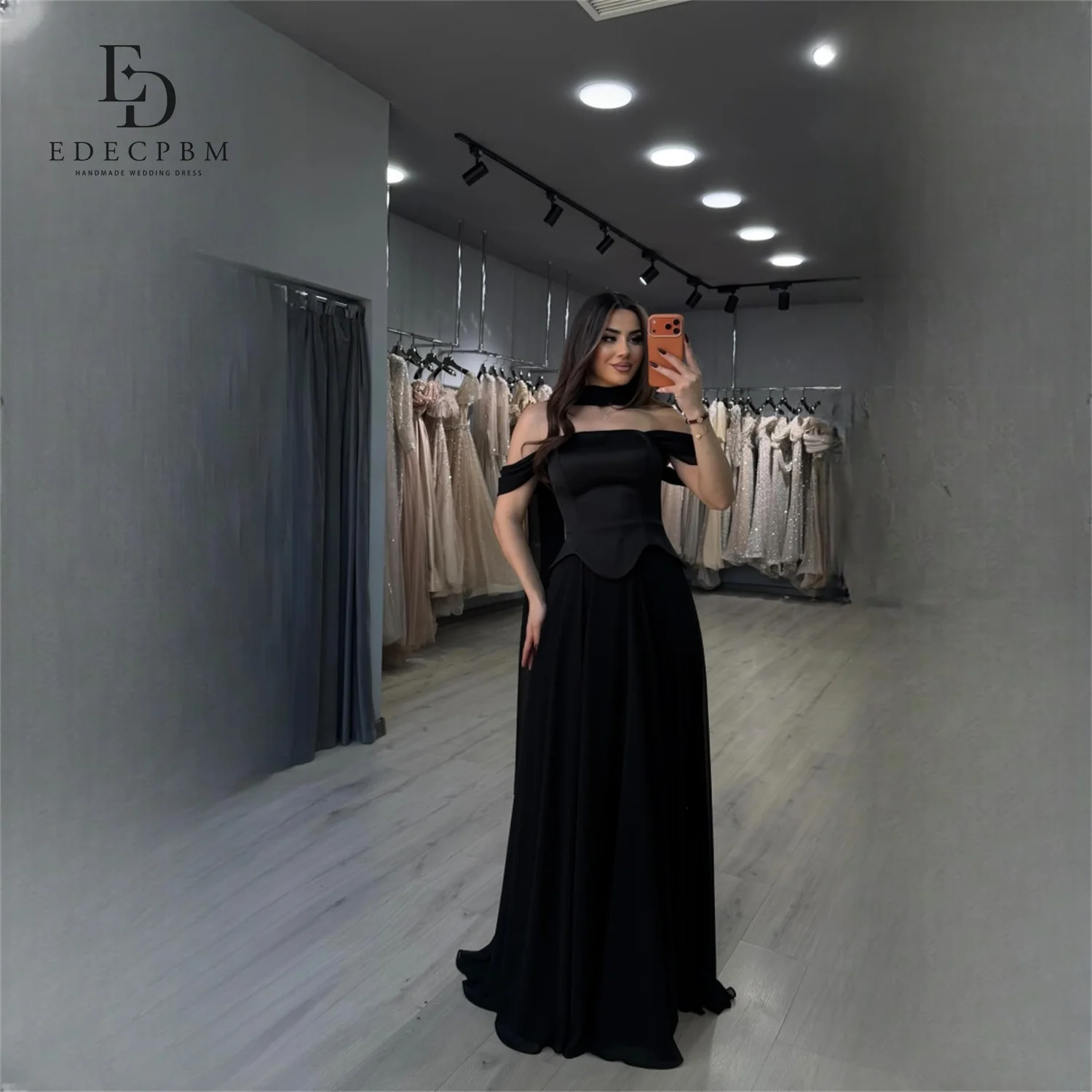 

EDECPBM Satin Off The Shoulder Black A-Line Evening Dress 2026 Prom Dress Short Sleeve Formal Evening Elegant Gown Customized