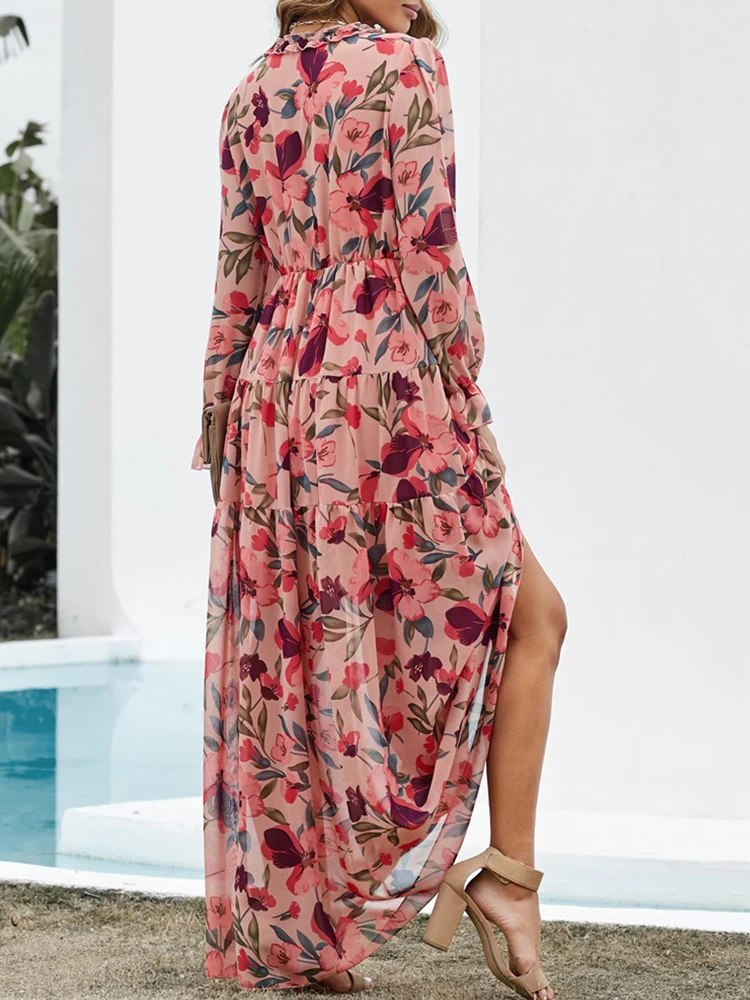 Bloemen Print Maxi Jurk Vrouwen Herfst Lange Mouw Jurken Dames Casual Losse V-Hals Lange Jurk Dames Ruche Boho Jurk