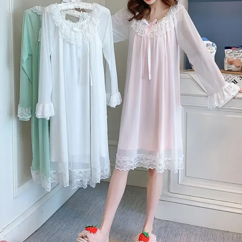 Victorian Night Pink Vintage Lolita Women Nightgown Dress Sleeve Lace Kawaii White Nightie Peignoir Sleepwear Mesh Princess Long