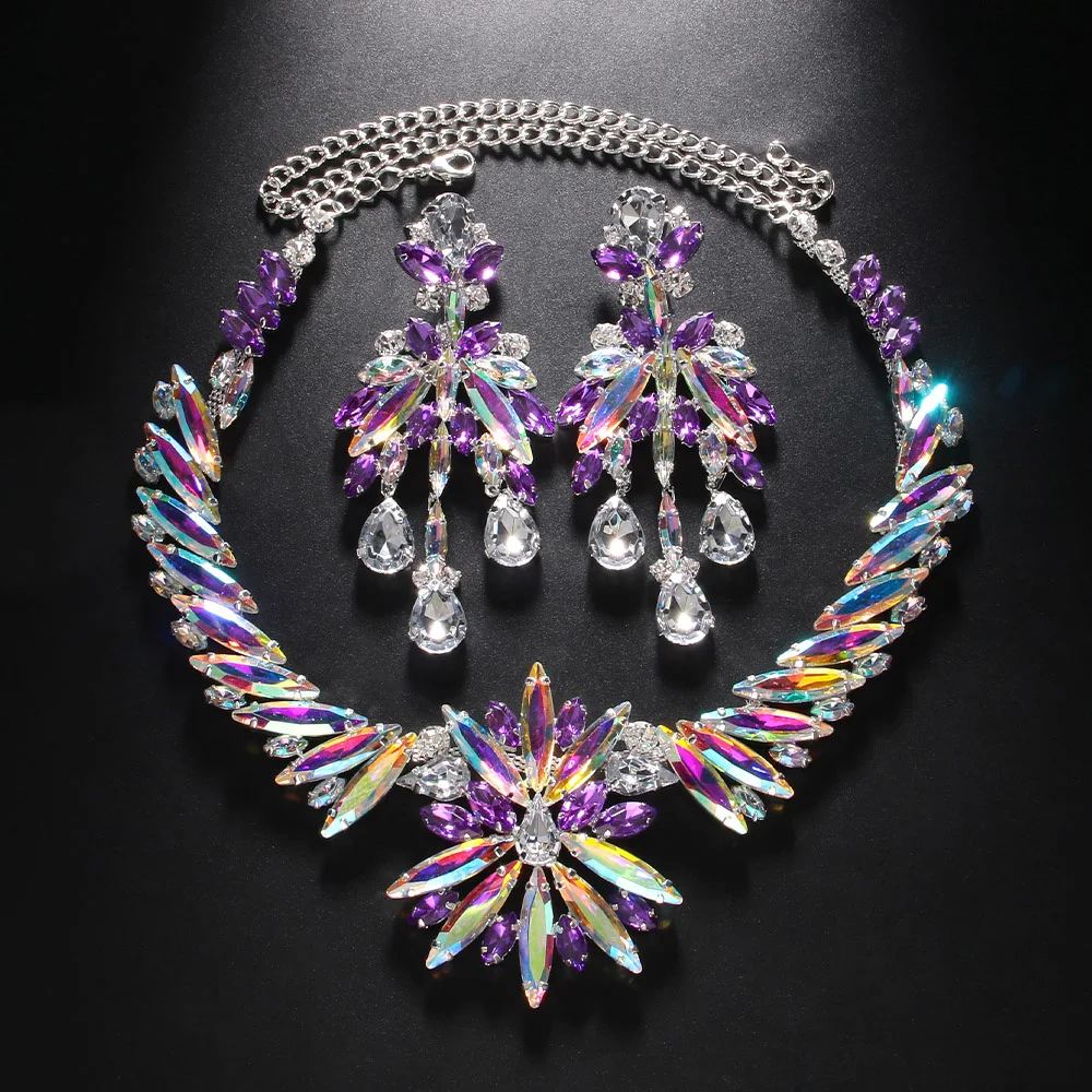 Exaggerated Flowers AB Crystal Necklace Earrings Set for Women Summer Party Statement Rhinestones Jewelry Set 2023 Accessories