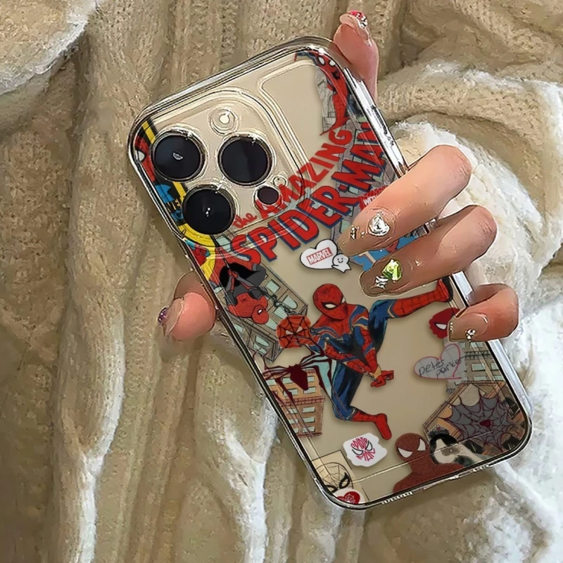 New Transparent Illustration Marvel Spider Man Phone Case For Iphone 16 15 14 13 12 Pro Max  Shockproof Lovely Anti Drop Cover