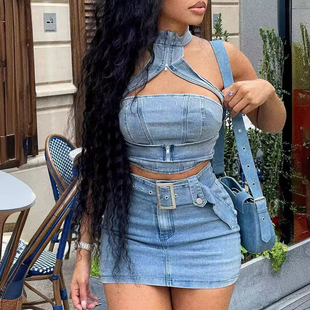 

Denim Crop Tops Dress 2 Piece Mini Skirt Sets Women Sexy Cargo Dress Y2K Denim Jean Two Piece Sets Summer Outfits Clothes