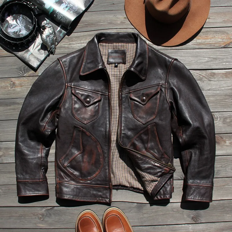 

A leather for men with lapel and fitted tea-heart cowhide