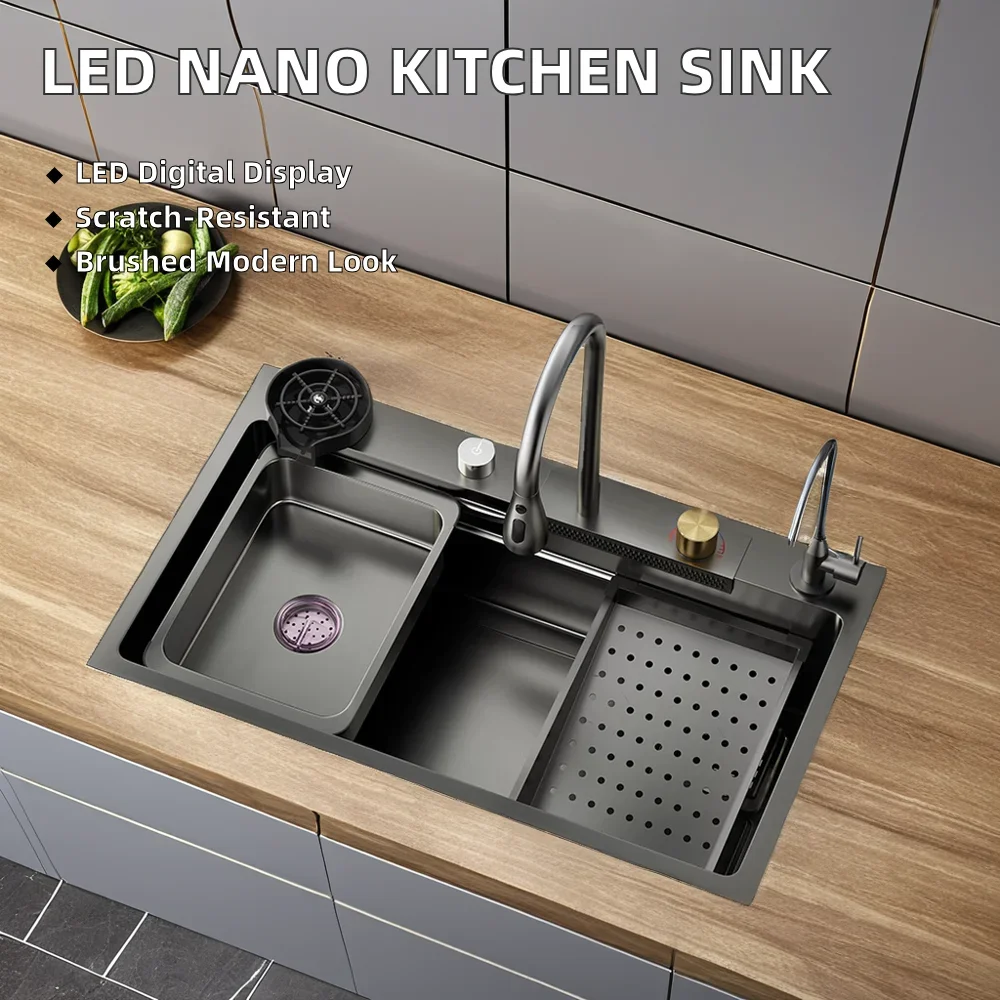 Multifunctional Anti-Scratch LED Digital Display Kitchen Sink Black Nano Workstation With Double Bowl Cup Washer