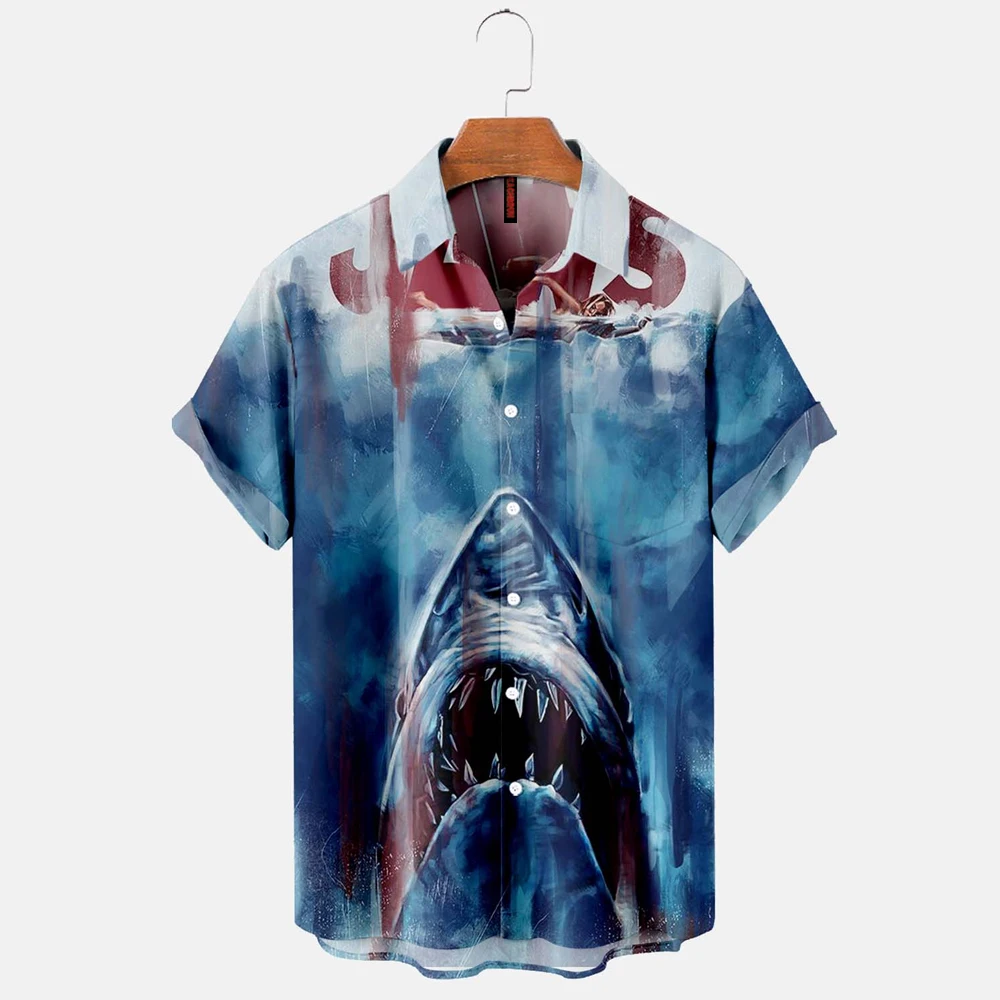 Summer Casual Hawaiian Men\'s Shirt Tattoo Retro Shark Sea Sail Print Short Sleeve Shirt Retro Street Men\'s Lapel Button Shirt