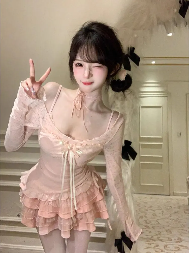 

Pure Desire Pink Lace Strap Dr Women's Summer New Sexy Spicy Waist Cinching Slimming Cake ort Skirt Faion Set