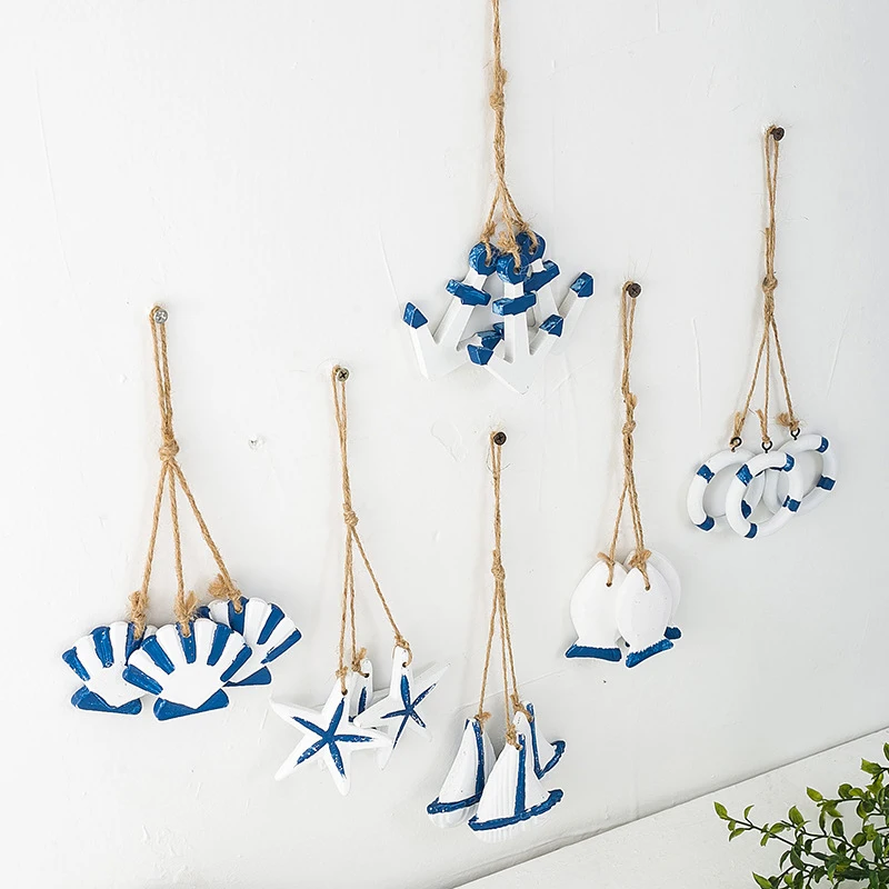 Mediterranean Anchor Ornaments Wall Hanging Decorations Mini Wooden Starfish Scallops Pendant for Home Bar Fish Net Decor Nautic